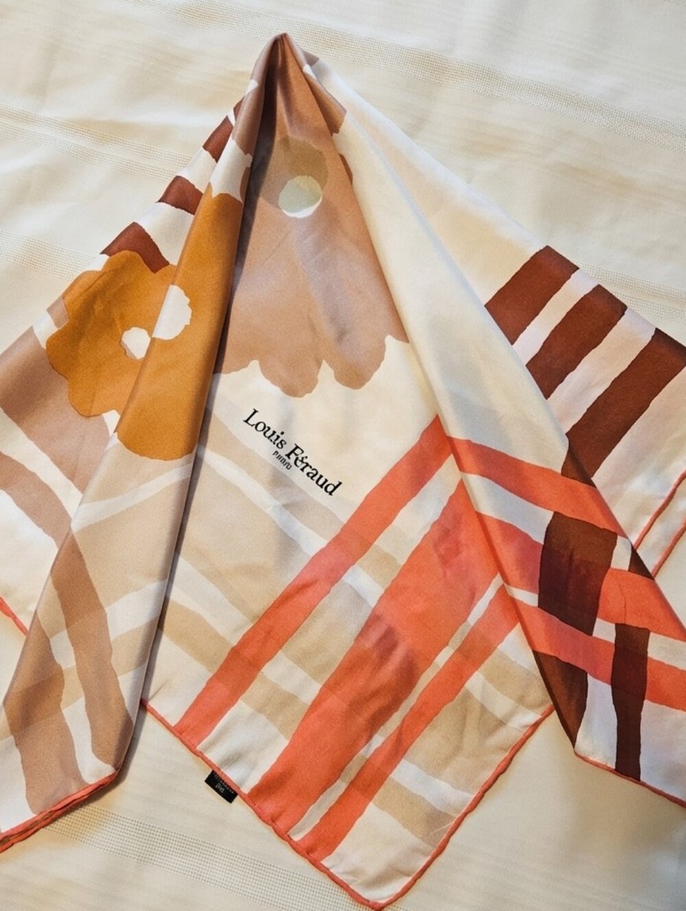 Louis Féraud Floral Silk Scarf in Cream and Brown Tones-Made in France - Picture 5 of 11